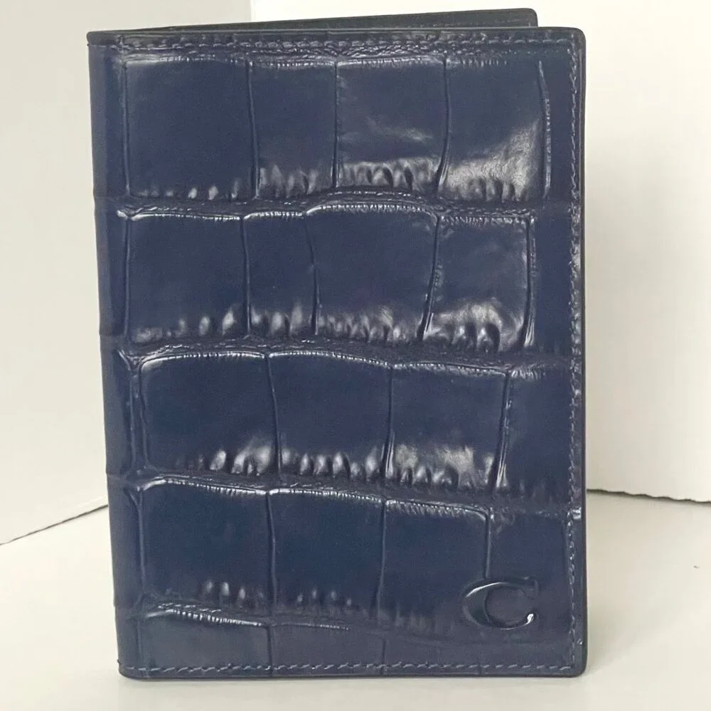 Coach Slim Passport Card Case Navy Blue Croc Leather CW445